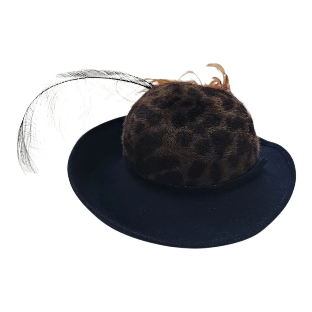 Mr John Classic Vintage Navy Wool Leopard Print Faux Fur‎ Feather Hat New York